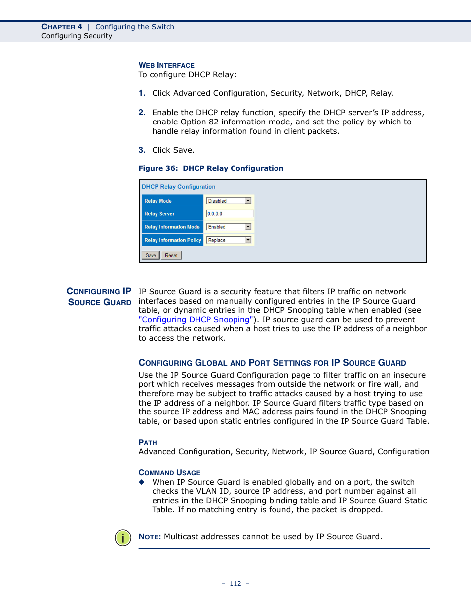 Configuring ip source guard, Figure 36: dhcp relay configuration | LevelOne GSW-4876 User Manual | Page 112 / 314
