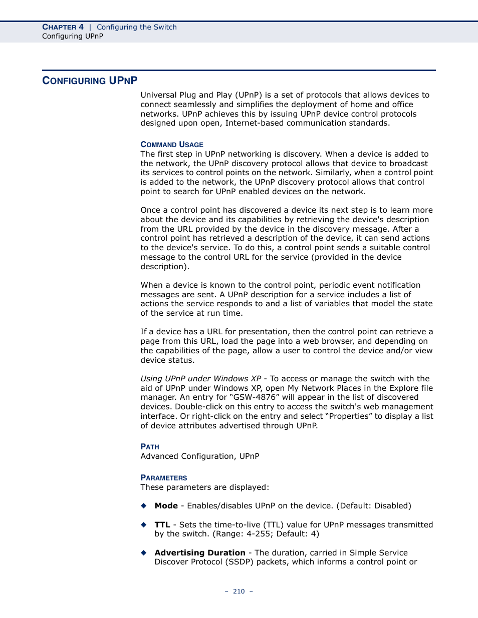 Configuring upnp | LevelOne GSW-4876 User Manual | Page 210 / 314