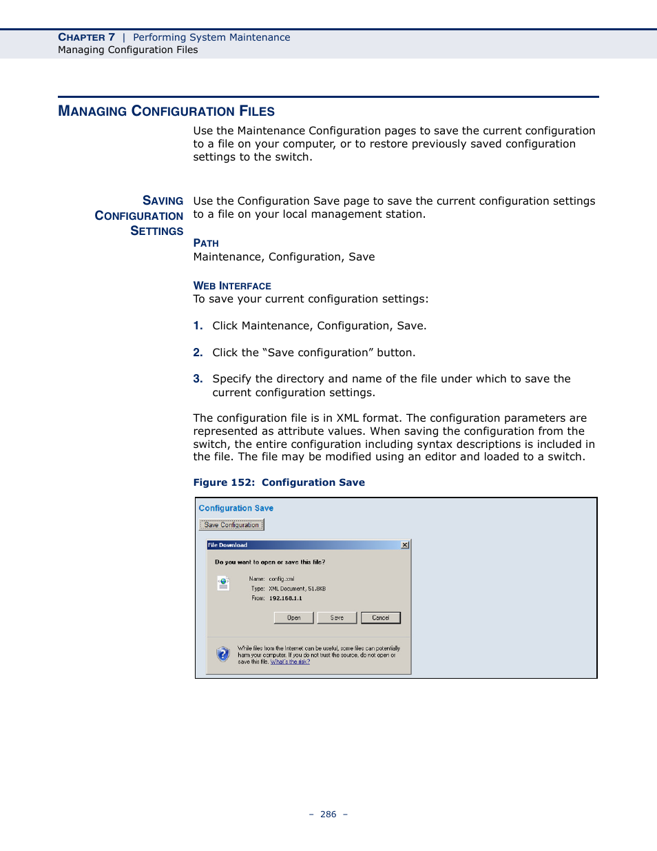 Managing configuration files, Saving configuration settings, Figure 152: configuration save | LevelOne GSW-4876 User Manual | Page 286 / 314