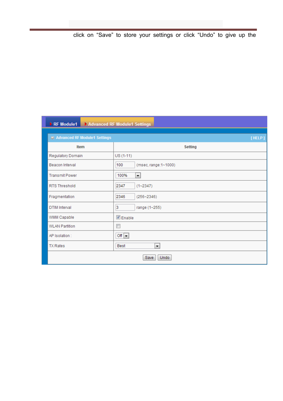 Advanced wireless setup, Advanced rf module1 settings | LevelOne WAP-6101 User Manual | Page 28 / 49