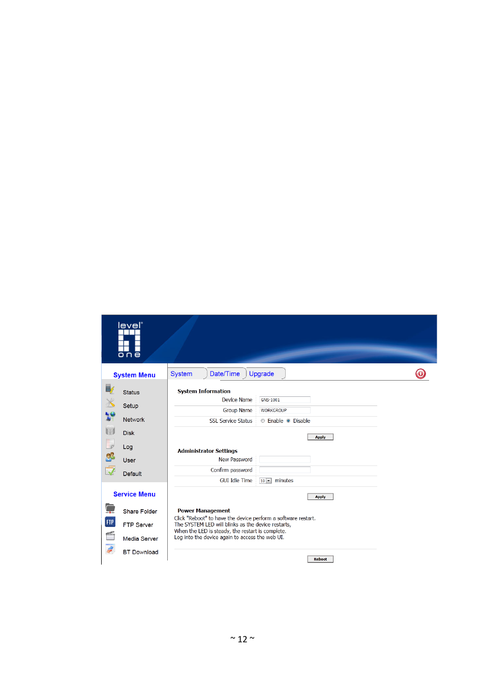 Setup, System setup, System | 5 setup | LevelOne GNS-1001 User Manual | Page 16 / 41
