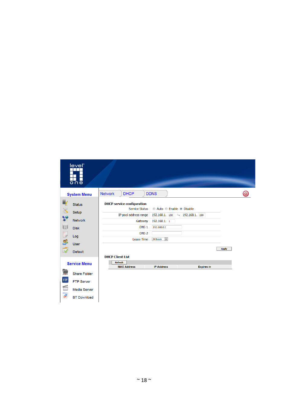 Dhcp service | LevelOne GNS-1001 User Manual | Page 22 / 41