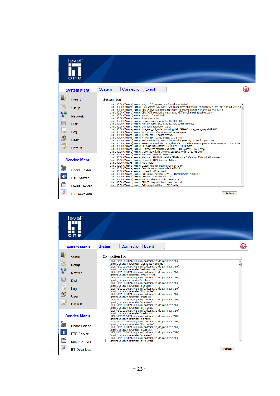 System log, System, Connection | LevelOne GNS-1001 User Manual | Page 27 / 41