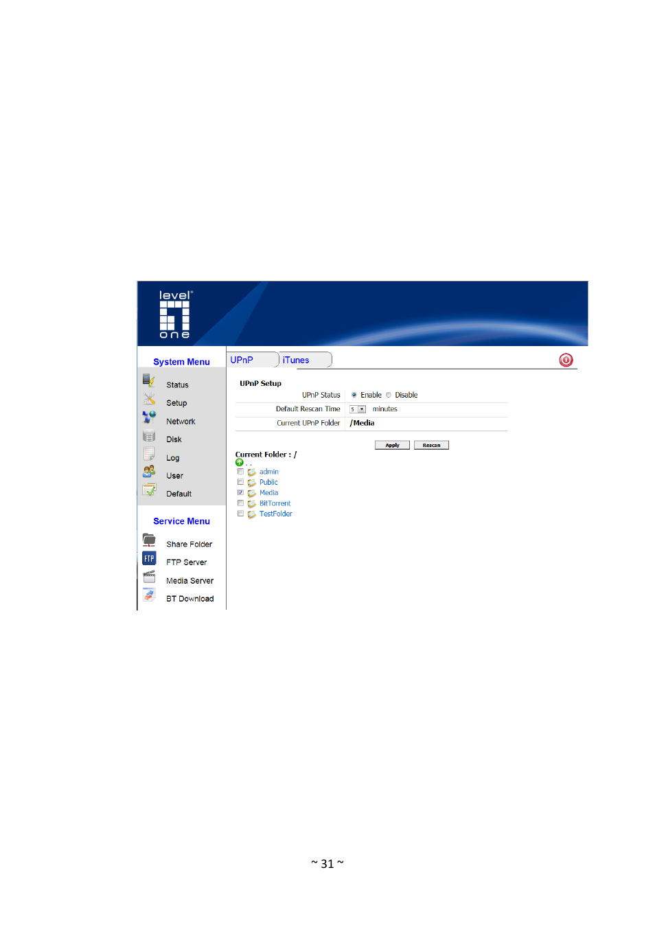 Media server, Upnp | LevelOne GNS-1001 User Manual | Page 35 / 41