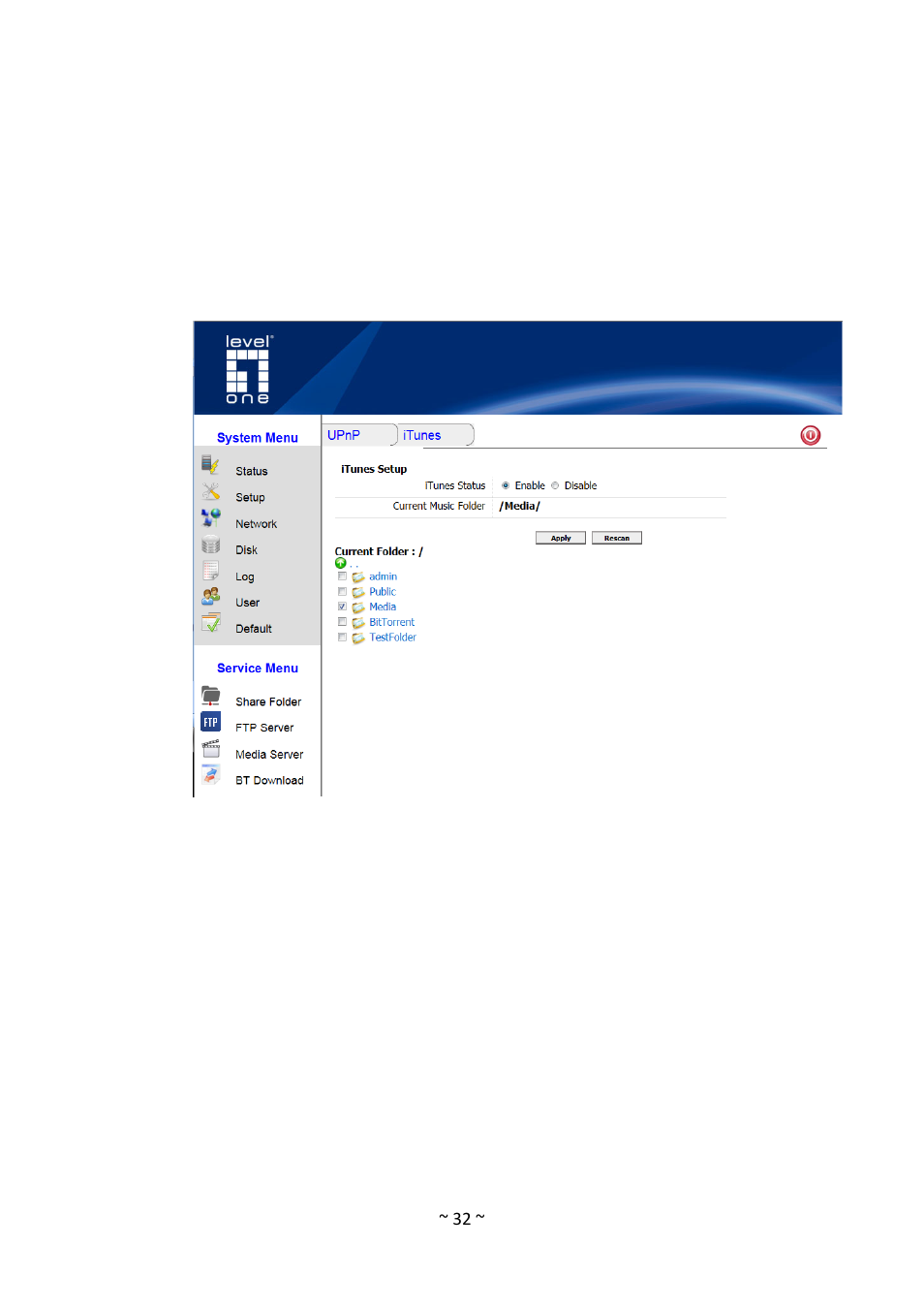 Itunes | LevelOne GNS-1001 User Manual | Page 36 / 41