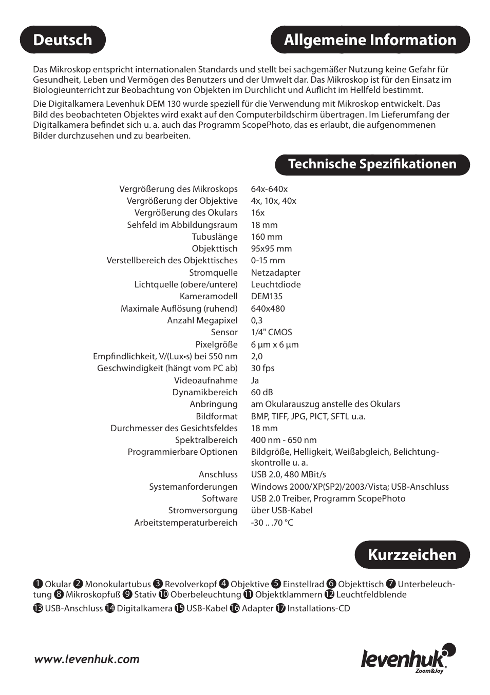 Allgemeine information, Kurzzeichen, Deutsch | Technische spezifikationen | Levenhuk 3L NG Microscope User Manual | Page 12 / 41