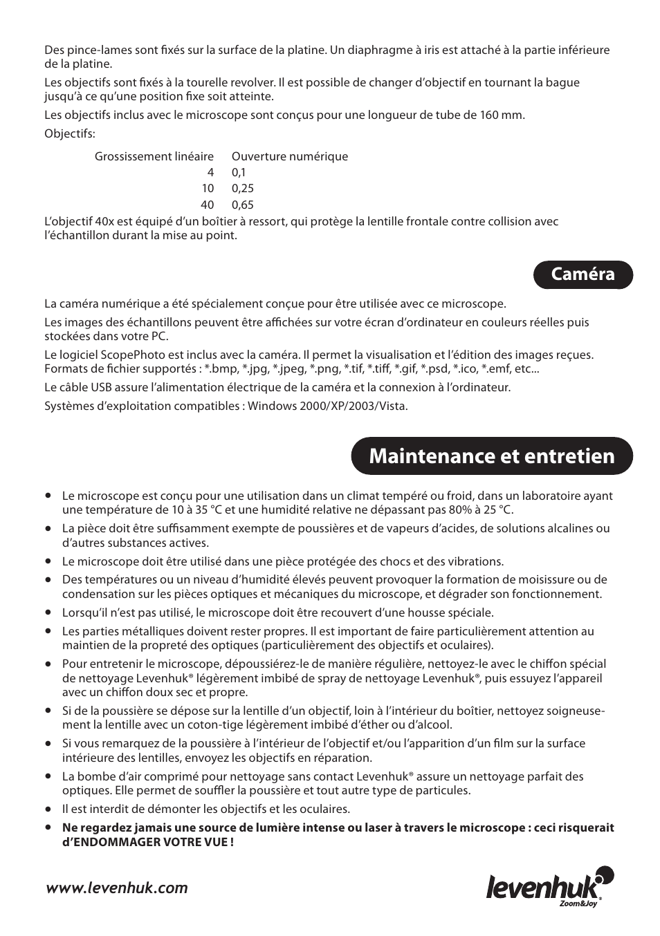 Maintenance et entretien, Caméra | Levenhuk 3L NG Microscope User Manual | Page 18 / 41
