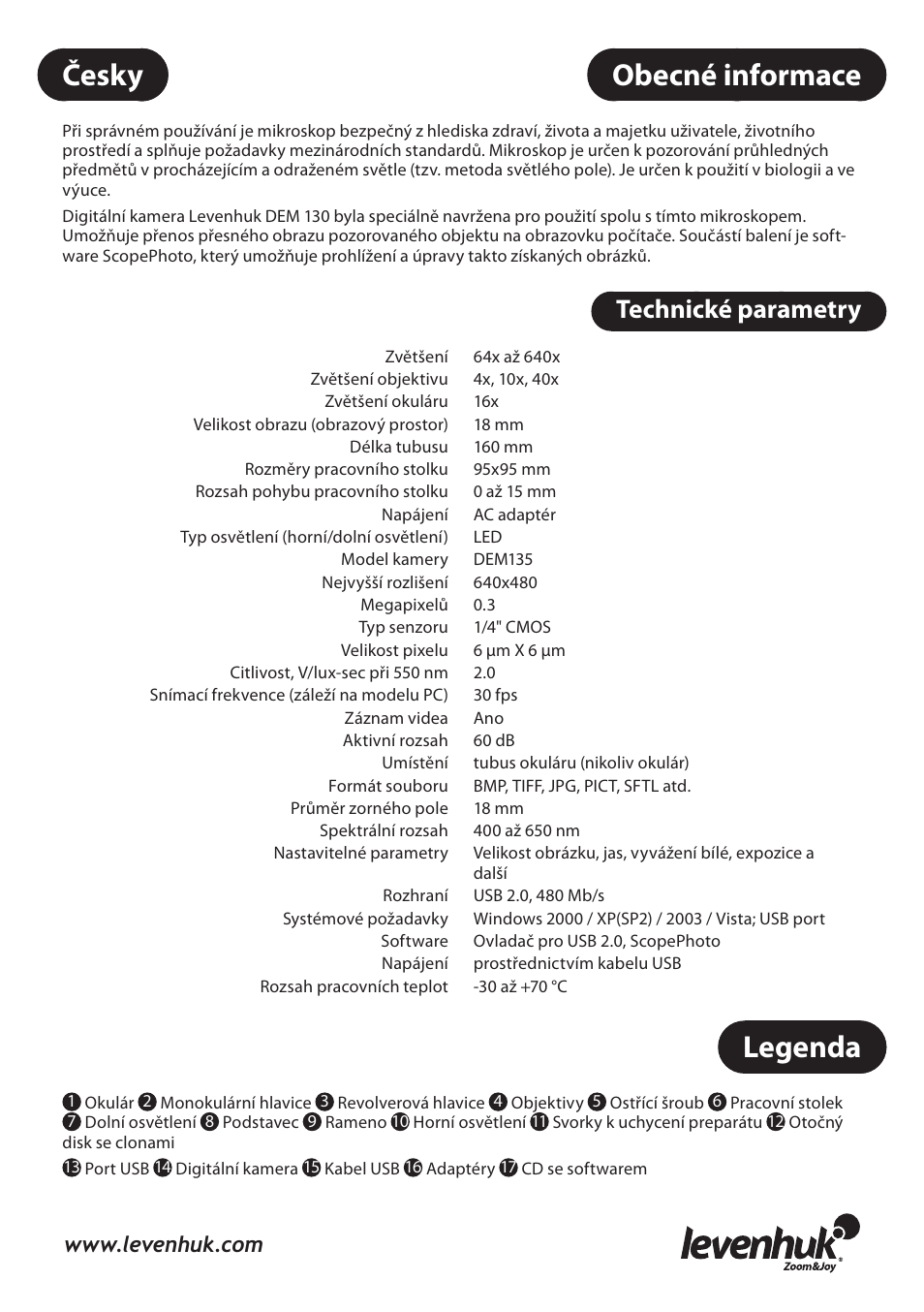 Obecné informace, Legenda, Česky | Technické parametry | Levenhuk 3L NG Microscope User Manual | Page 36 / 41