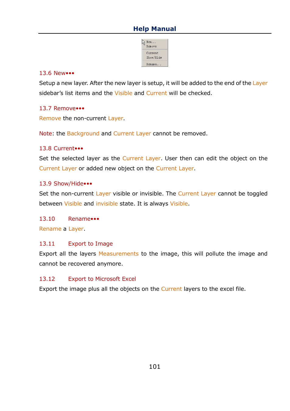 6 new, 7 remove, 8 current | 9 show/hide, 10 rename, 11 export to image, 12 export to microsoft excel, Remove, Current, Show/hide | Levenhuk C800 NG Digital Camera, USB 2.0 User Manual | Page 109 / 143