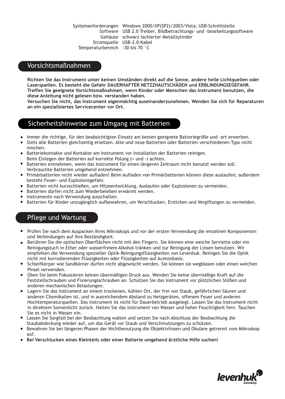 Vorsichtsmaßnahmen, Pflege und wartung, Sicherheitshinweise zum umgang mit batterien | Levenhuk D320L Digital Biological Microscope User Manual | Page 13 / 28