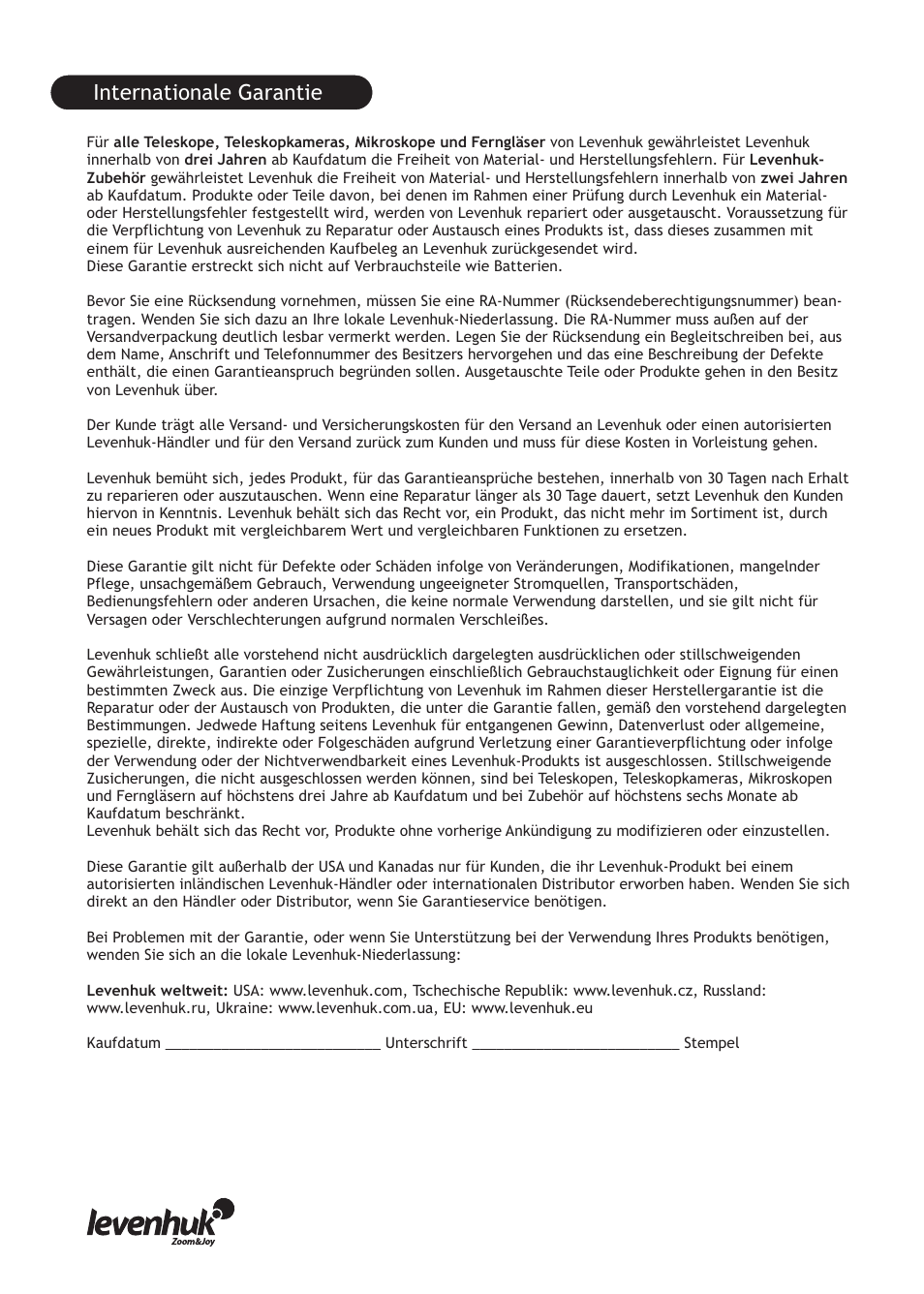 Internationale garantie | Levenhuk D320L Digital Biological Microscope User Manual | Page 14 / 28