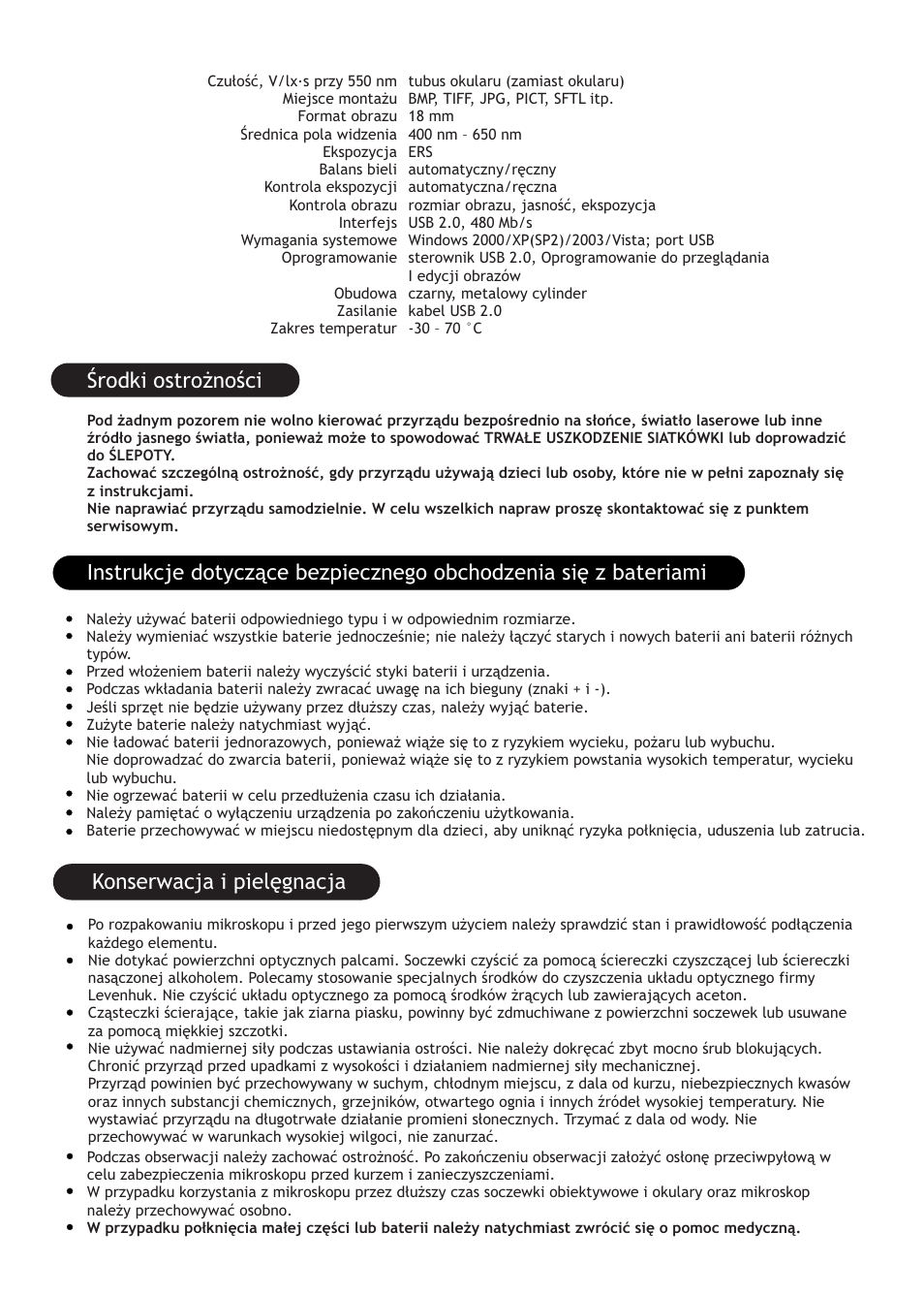 Środki ostrożności | Levenhuk D320L Digital Biological Microscope User Manual | Page 17 / 28