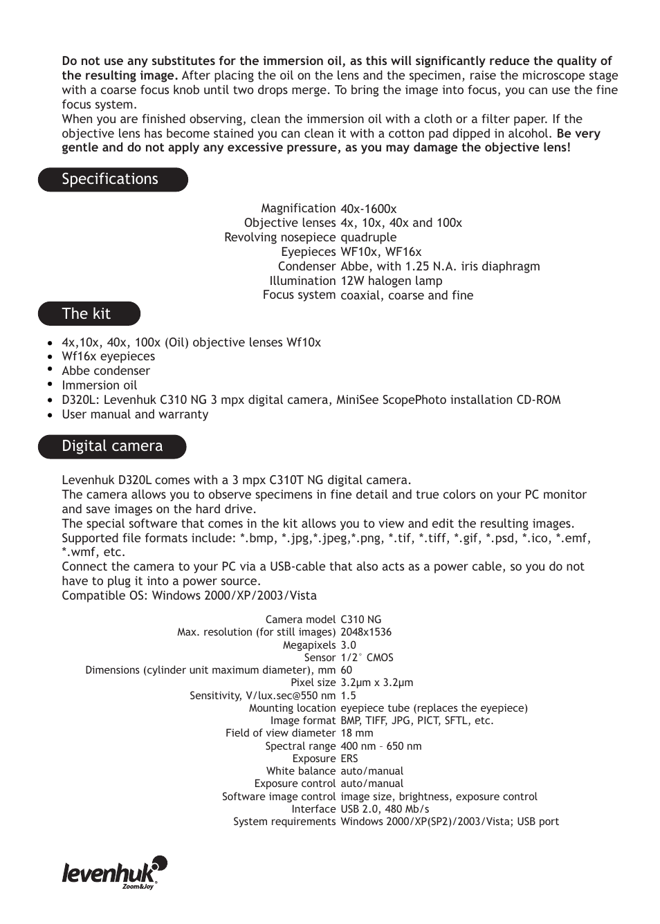 Specifications the kit digital camera | Levenhuk D320L Digital Biological Microscope User Manual | Page 4 / 28