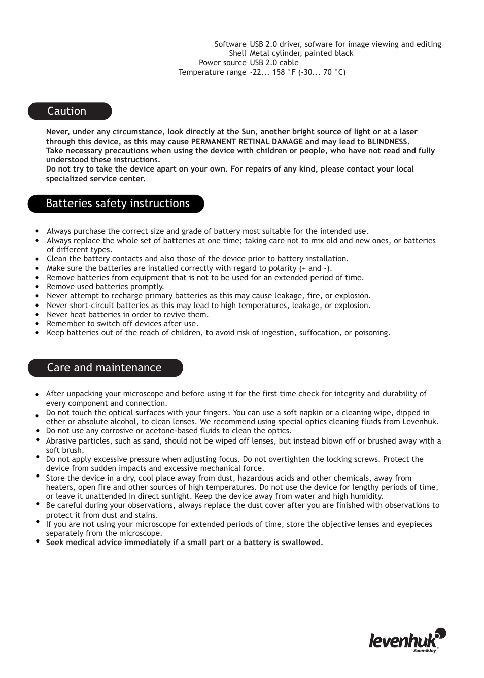 Care and maintenance, Caution, Batteries safety instructions | Levenhuk D320L Digital Biological Microscope User Manual | Page 5 / 28