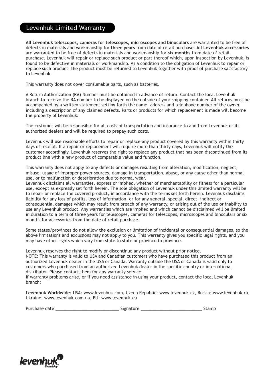 Levenhuk limited warranty | Levenhuk D320L Digital Biological Microscope User Manual | Page 6 / 28