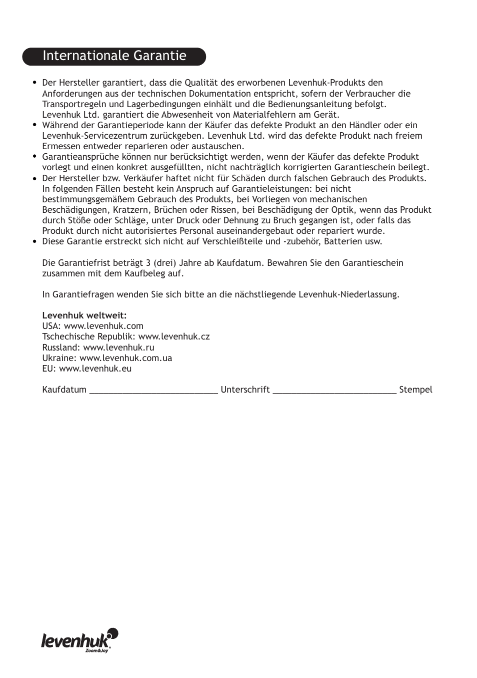 Internationale garantie | Levenhuk D70L Digital Biological Microscope User Manual | Page 14 / 28