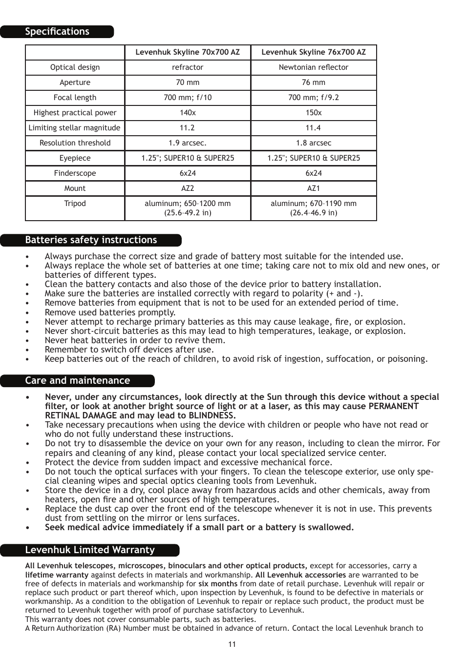 Levenhuk Skyline 70x700 AZ Telescope User Manual | Page 12 / 36