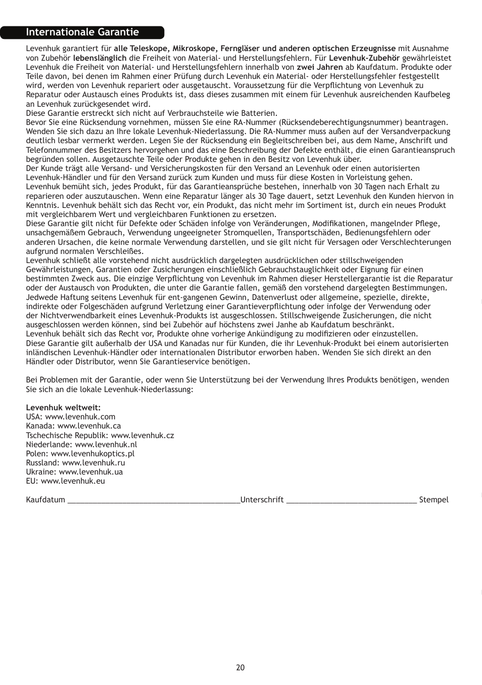 Internationale garantie | Levenhuk Skyline 70x700 AZ Telescope User Manual | Page 21 / 36