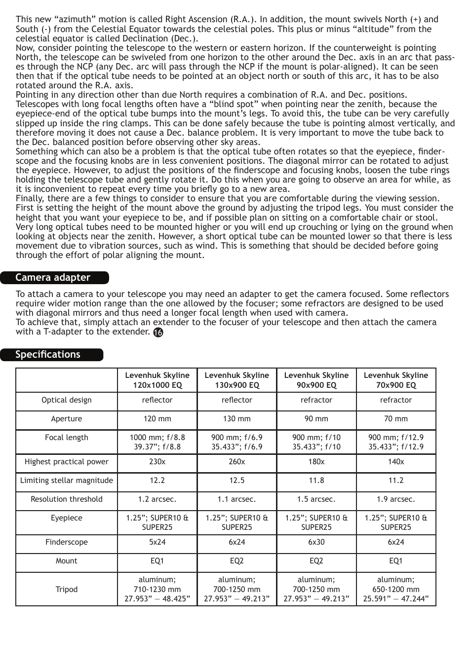 Camera adapter, Specifications | Levenhuk Skyline 130x900 EQ Telescope User Manual | Page 14 / 48