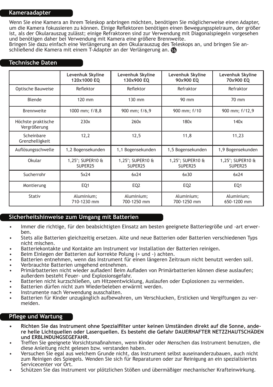 Kameraadapter, Technische daten, Sicherheitshinweise zum umgang mit batterien | Pflege und wartung | Levenhuk Skyline 130x900 EQ Telescope User Manual | Page 27 / 48