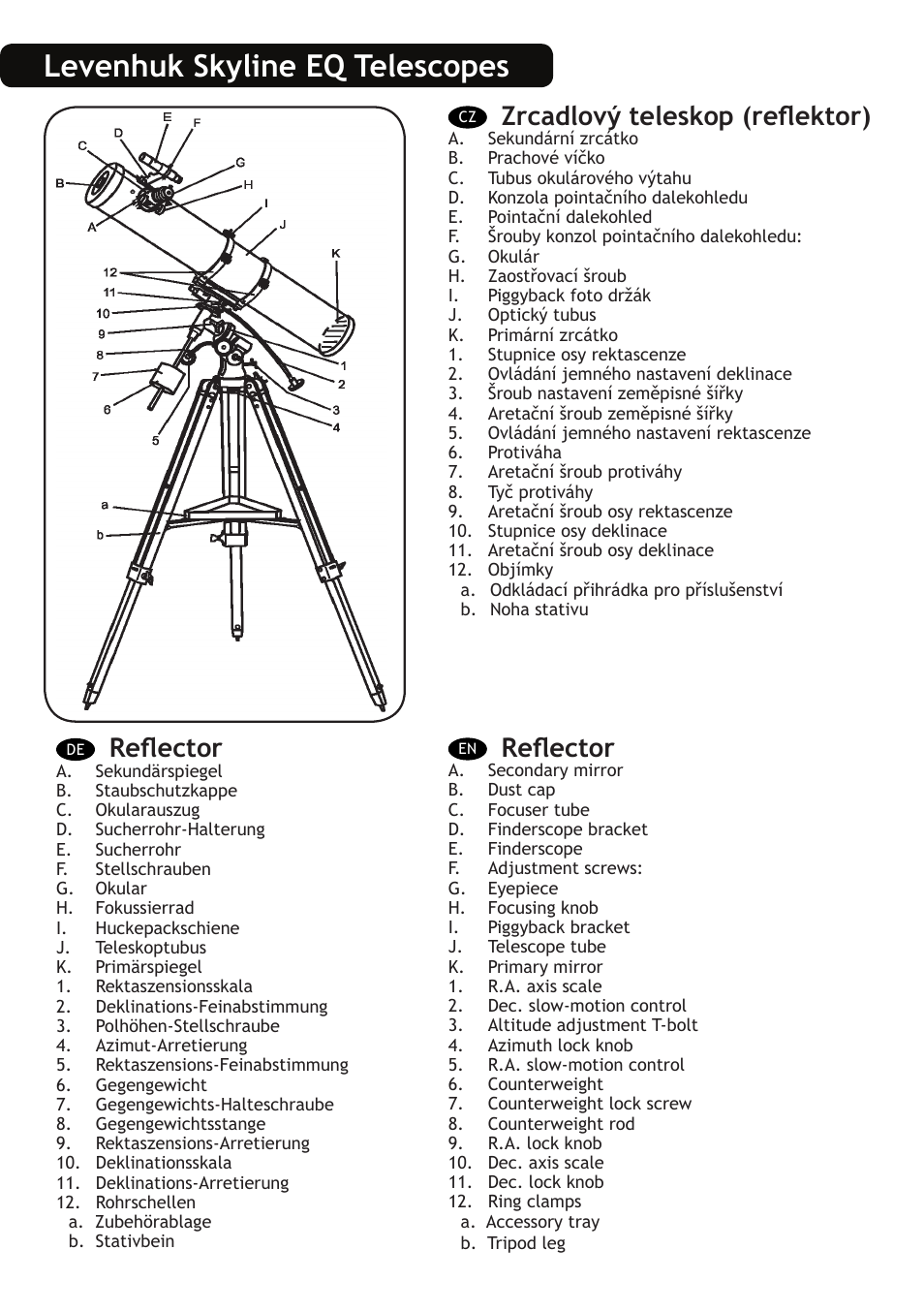 Levenhuk skyline eq telescopes, Reflector, Zrcadlový teleskop (reflektor) | Levenhuk Skyline 130x900 EQ Telescope User Manual | Page 3 / 48
