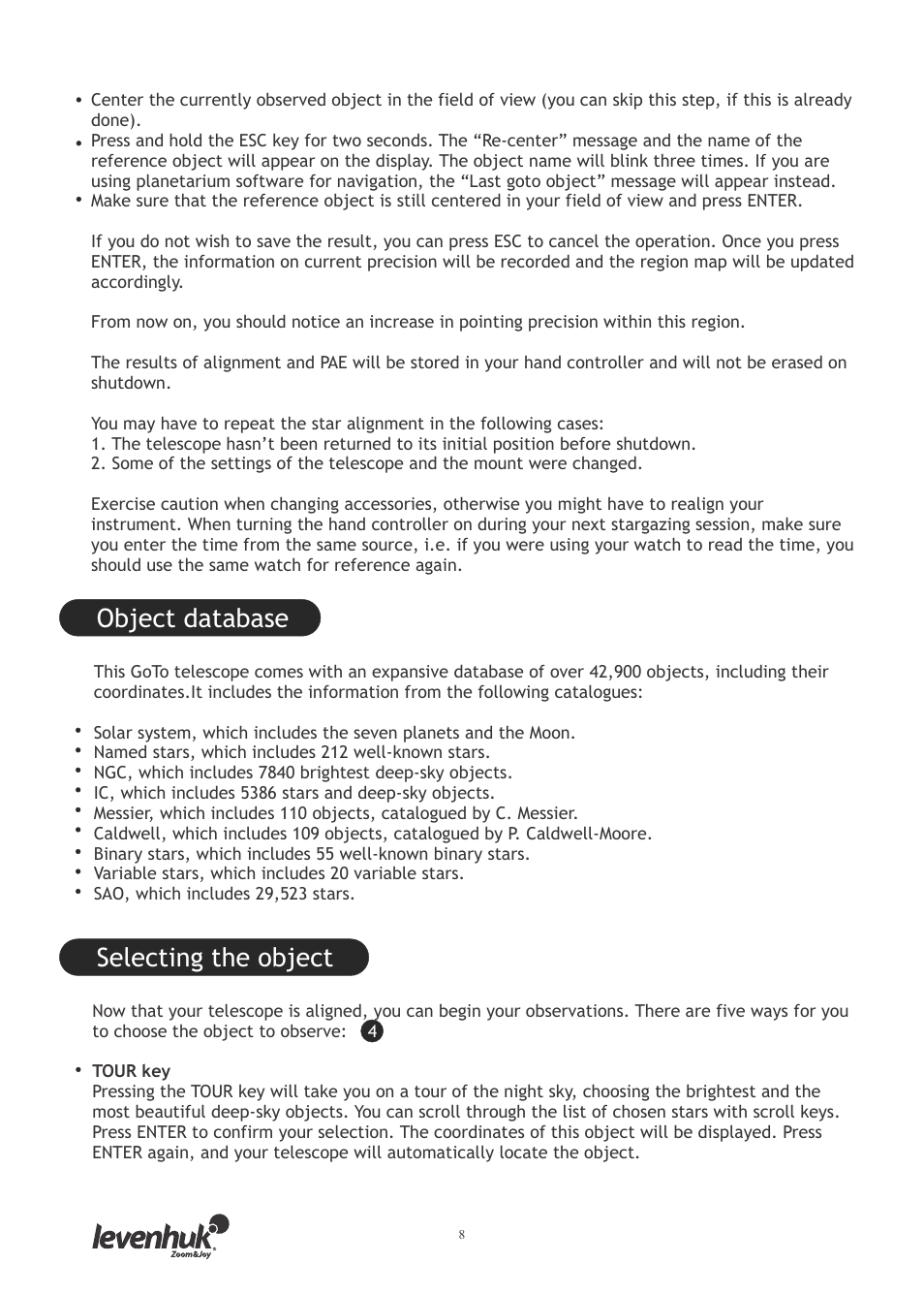Object database, Selecting the object | Levenhuk SkyMatic 127 GT MAK User Manual | Page 10 / 64