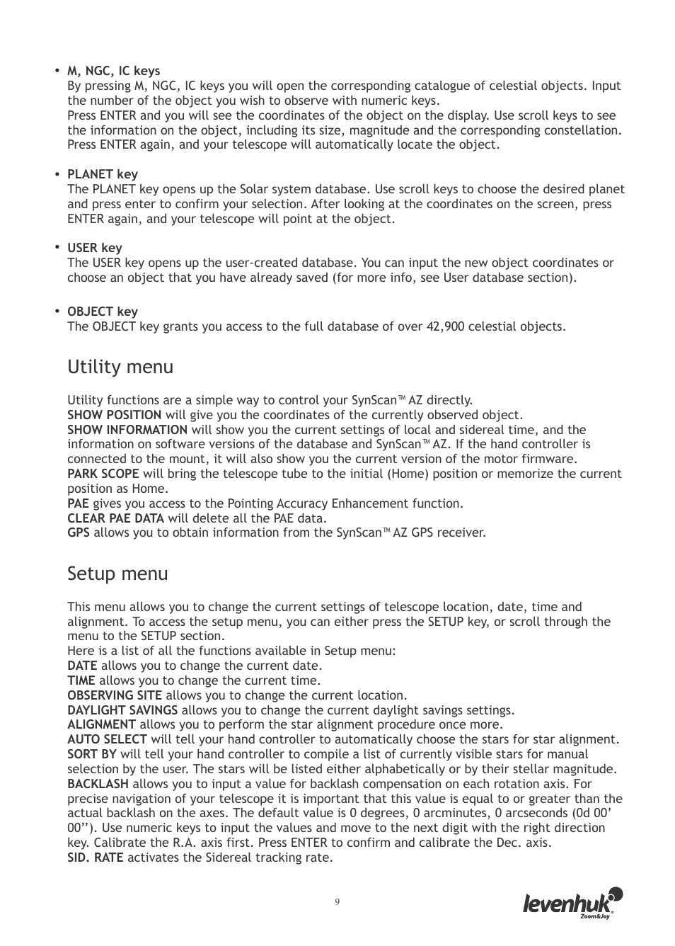 Utility menu, Setup menu | Levenhuk SkyMatic 127 GT MAK User Manual | Page 11 / 64