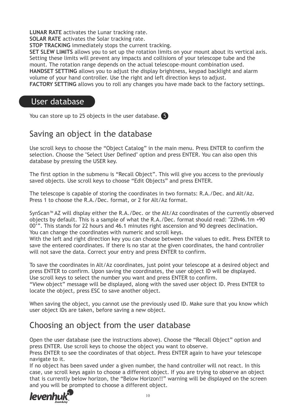 User database, Saving an object in the database, Choosing an object from the user database | Levenhuk SkyMatic 127 GT MAK User Manual | Page 12 / 64