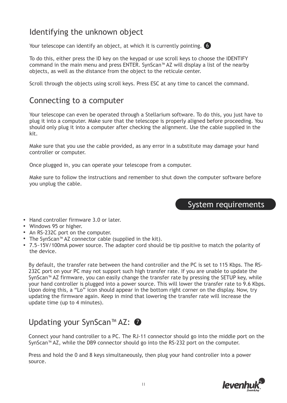 Identifying the unknown object, Connecting to a computer, System requirements | Updating your synscan™ az | Levenhuk SkyMatic 127 GT MAK User Manual | Page 13 / 64