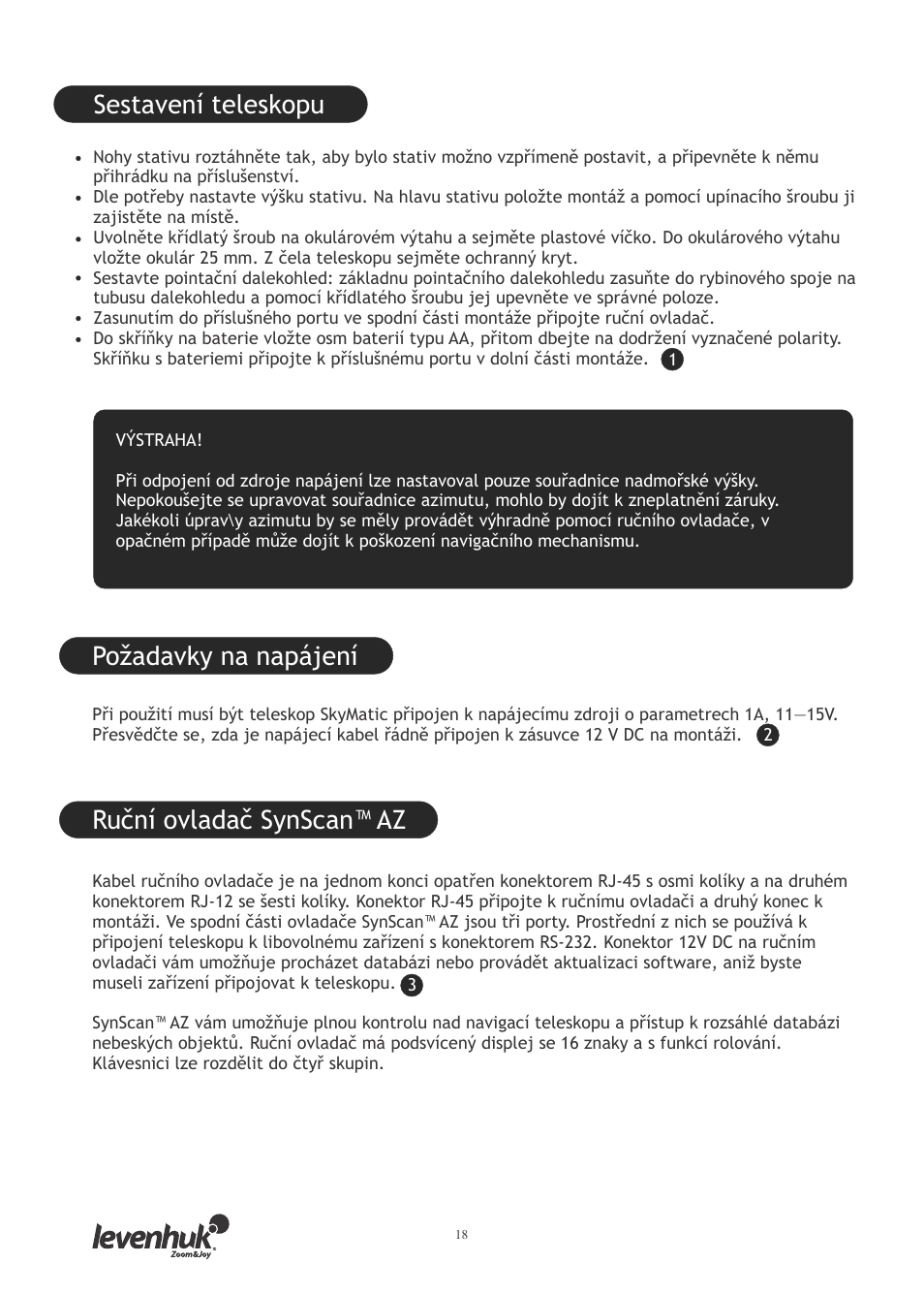 Sestavení teleskopu, Požadavky na napájení, Ruční ovladač synscan™ az | Levenhuk SkyMatic 127 GT MAK User Manual | Page 20 / 64
