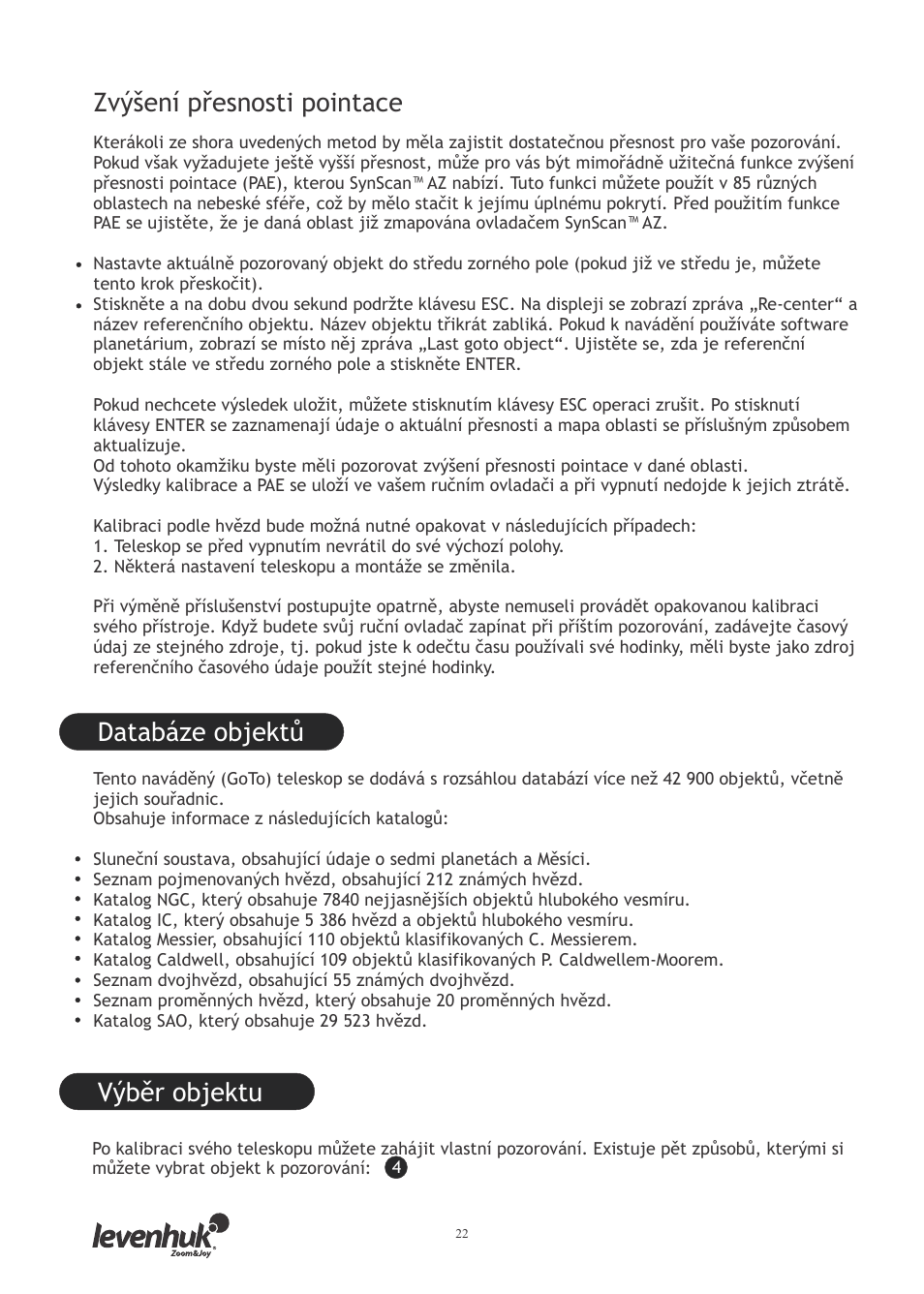 Zvýšení přesnosti pointace, Databáze objektů, Výběr objektu | Levenhuk SkyMatic 127 GT MAK User Manual | Page 24 / 64