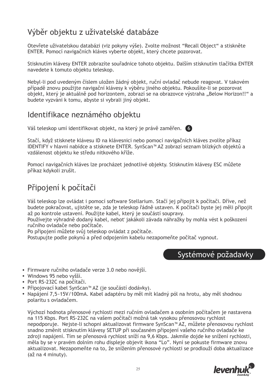 Výběr objektu z uživatelské databáze, Identifikace neznámého objektu, Připojení k počítači | Systémové požadavky | Levenhuk SkyMatic 127 GT MAK User Manual | Page 27 / 64