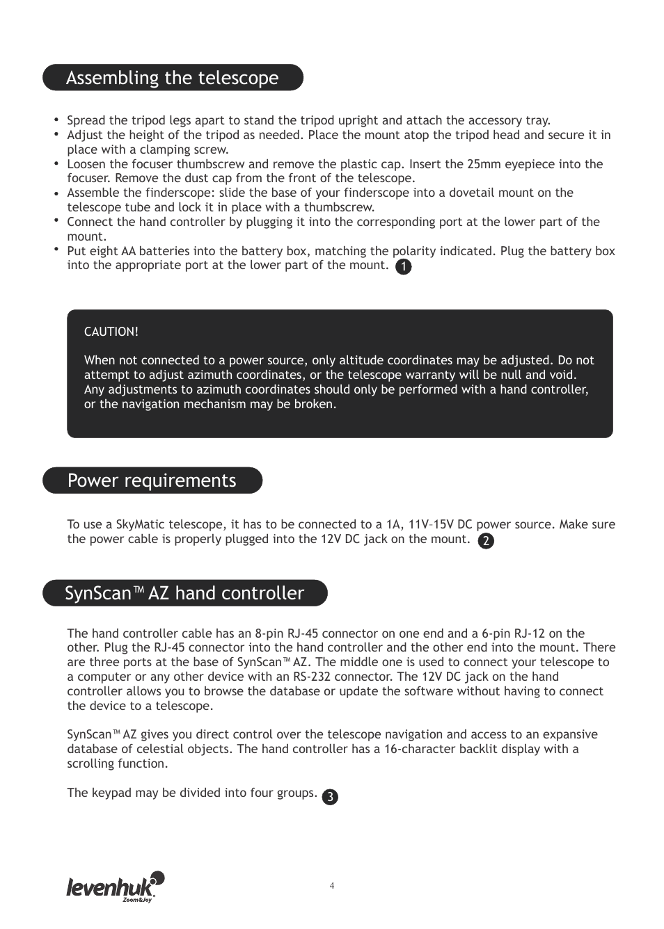 Assembling the telescope, Power requirements, Synscan™ az hand controller | Levenhuk SkyMatic 127 GT MAK User Manual | Page 6 / 64