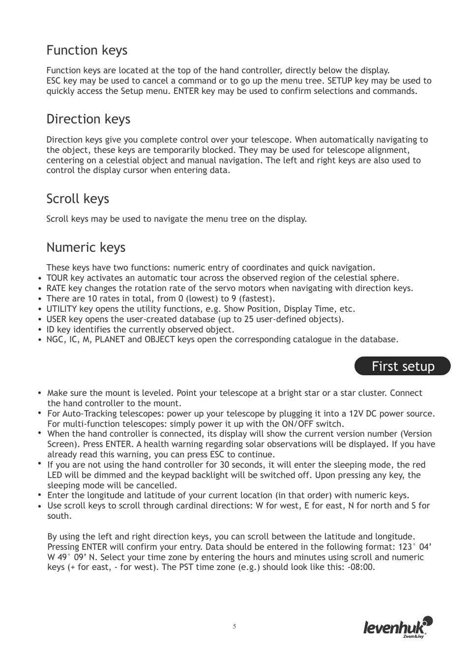 Function keys, Direction keys, Scroll keys | Numeric keys, First setup | Levenhuk SkyMatic 127 GT MAK User Manual | Page 7 / 64