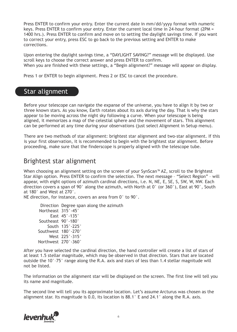 Star alignment, Brightest star alignment | Levenhuk SkyMatic 127 GT MAK User Manual | Page 8 / 64