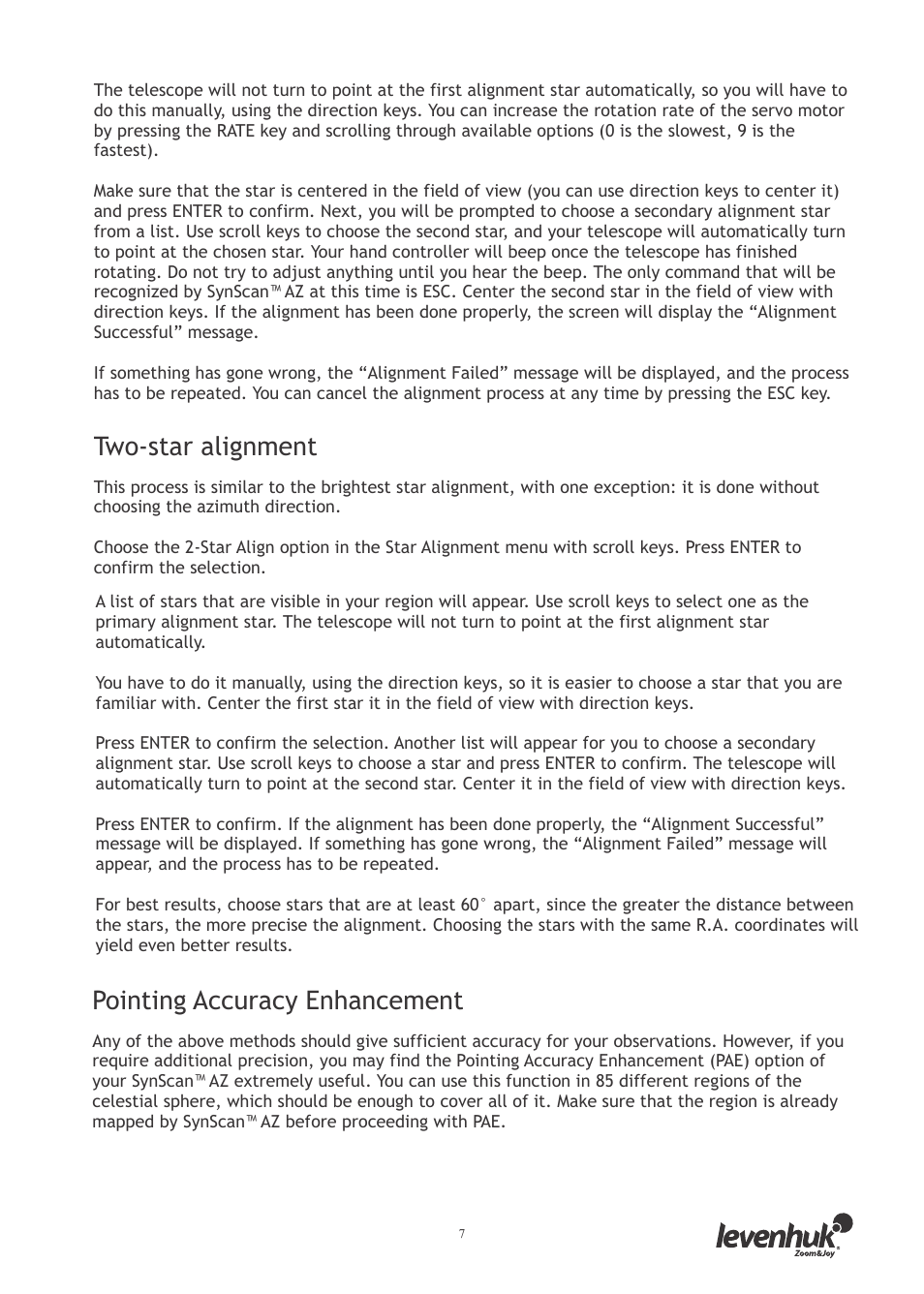 Two-star alignment, Pointing accuracy enhancement | Levenhuk SkyMatic 127 GT MAK User Manual | Page 9 / 64