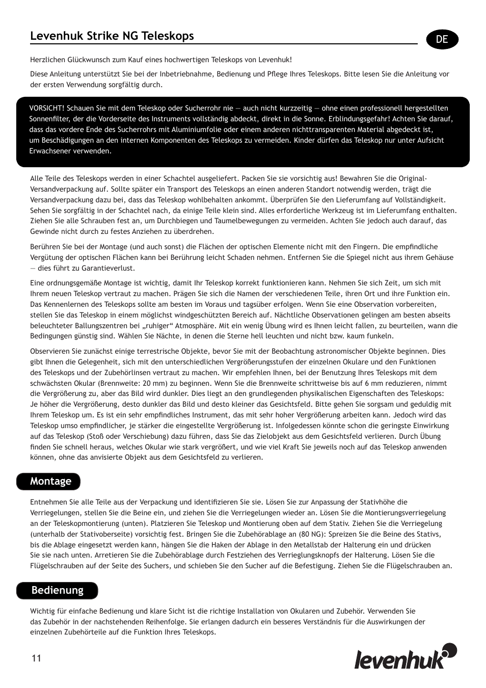 Levenhuk strike ng teleskops, Montage en, Bedienung | Levenhuk Strike 80 NG Telescope User Manual | Page 11 / 27