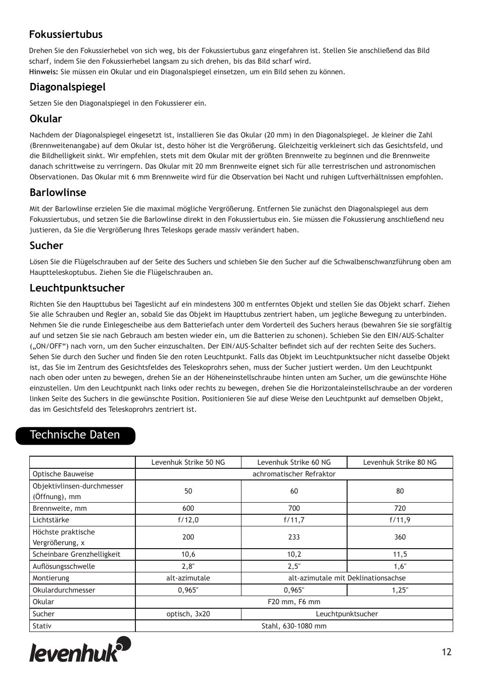 Technische daten, Diagonalspiegel, Okular | Barlowlinse, Sucher, Leuchtpunktsucher, Fokussiertubus | Levenhuk Strike 80 NG Telescope User Manual | Page 12 / 27