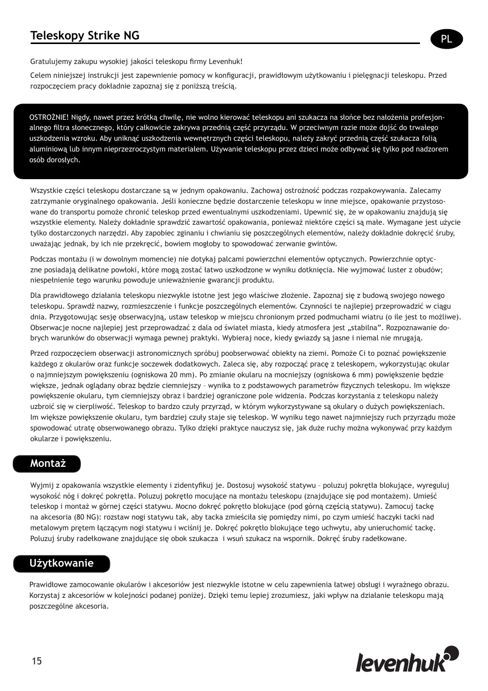 Teleskopy strike ng, Montaż en, Użytkowanie | Levenhuk Strike 80 NG Telescope User Manual | Page 15 / 27