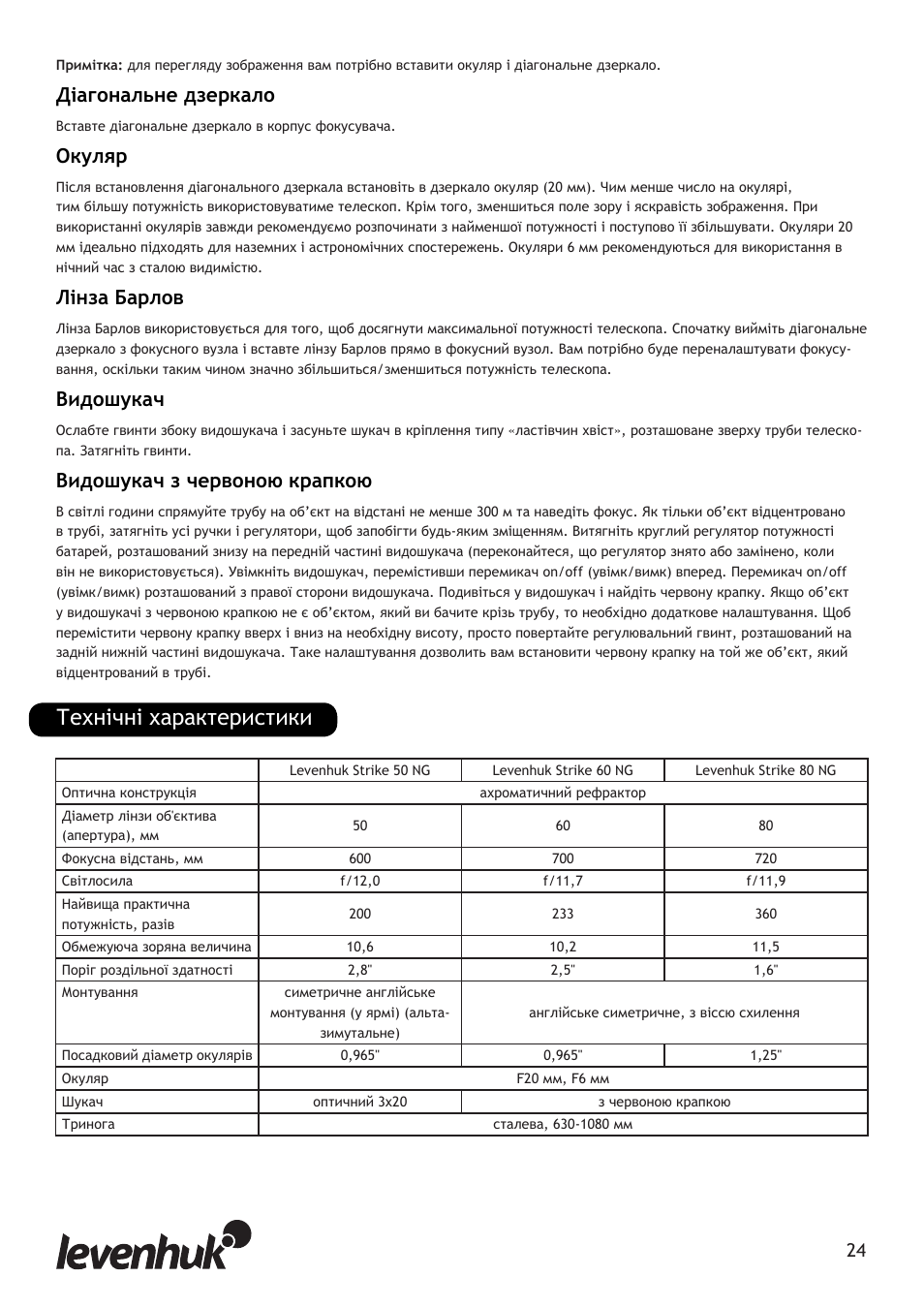 Технічні характеристики, Діагональне дзеркало, Окуляр | Лінза барлов, Видошукач, Видошукач з червоною крапкою | Levenhuk Strike 80 NG Telescope User Manual | Page 24 / 27