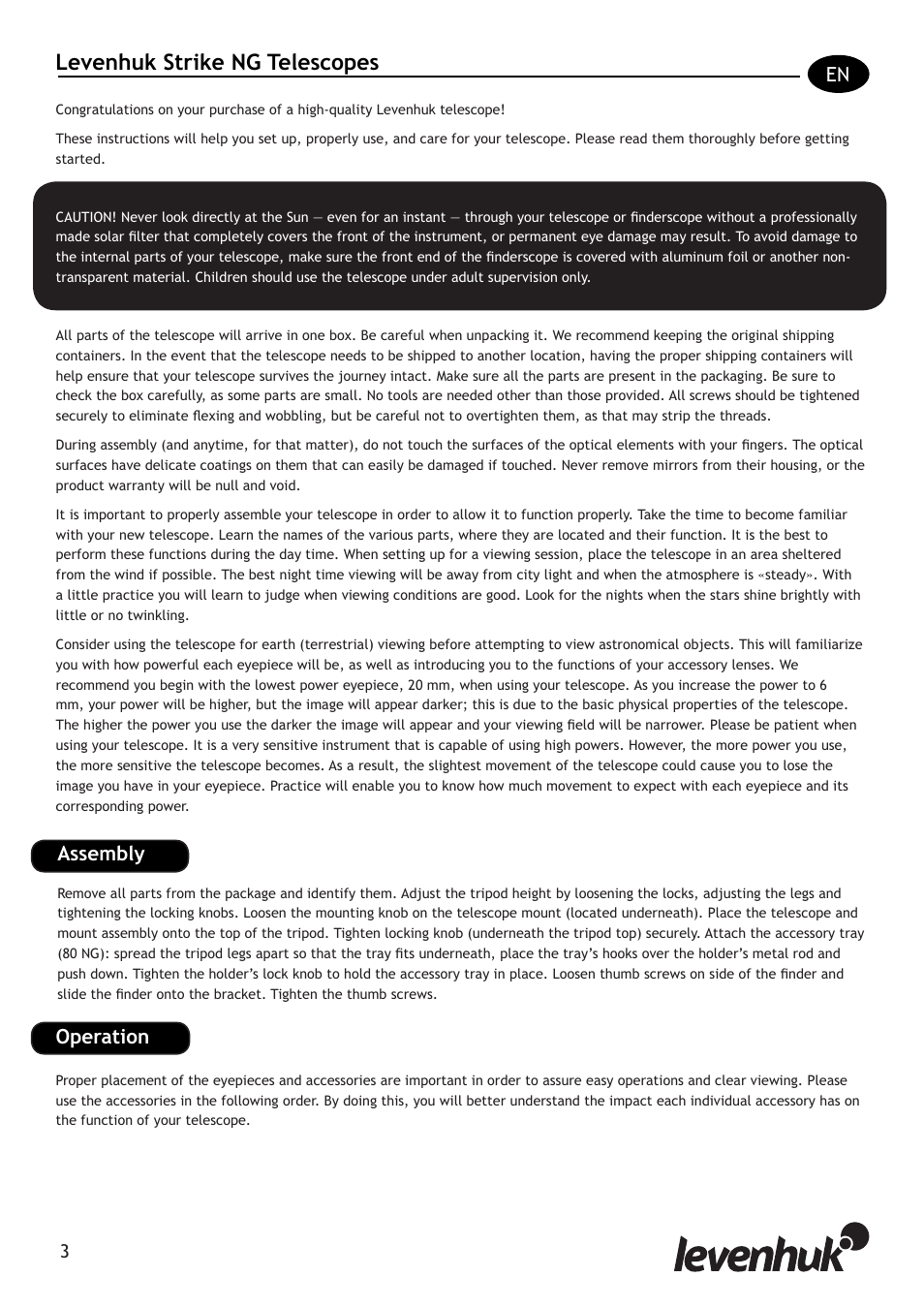Levenhuk strike ng telescopes, Assembly, Operation | Levenhuk Strike 80 NG Telescope User Manual | Page 3 / 27