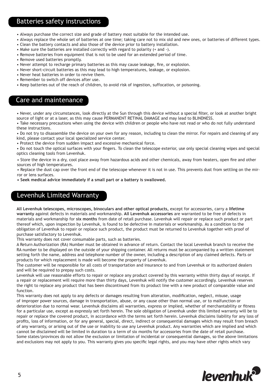Care and maintenance batteries safety instructions, Levenhuk limited warranty | Levenhuk Strike 80 NG Telescope User Manual | Page 5 / 27