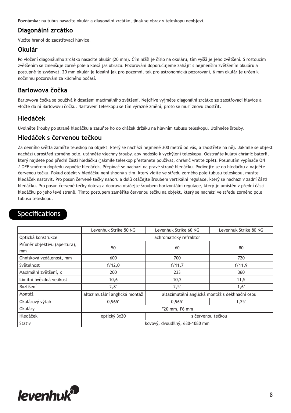 Specifications, Diagonální zrcátko, Okulár | Barlowova čočka čočka, Hledáček čka, Hledáček s červenou tečkou | Levenhuk Strike 80 NG Telescope User Manual | Page 8 / 27