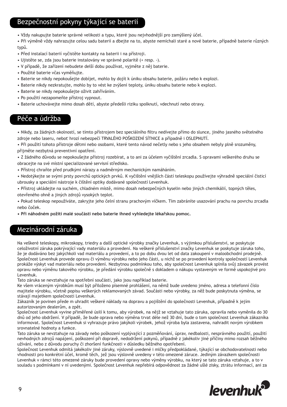 Bezpečnostní pokyny týkající se baterií, Péče a údržba, Mezinárodní záruka | Levenhuk Strike 80 NG Telescope User Manual | Page 9 / 27