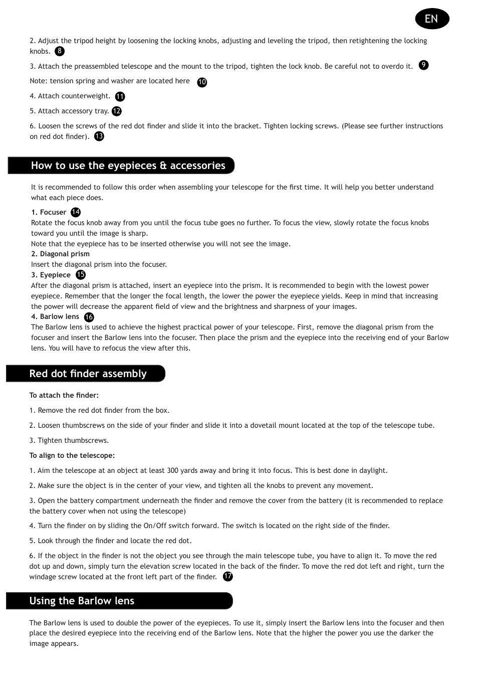 How to use the eyepieces & accessories, Red dot finder assembly, Using the barlow lens | Levenhuk Strike 90 PLUS Telescope User Manual | Page 13 / 28