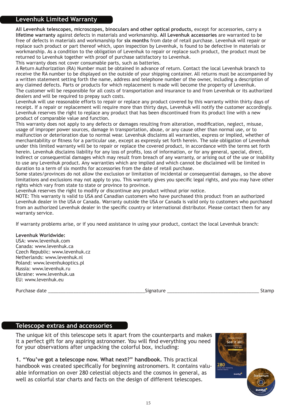 Telescope extras and accessories, Levenhuk limited warranty | Levenhuk Strike 1000 PRO Telescope User Manual | Page 17 / 60