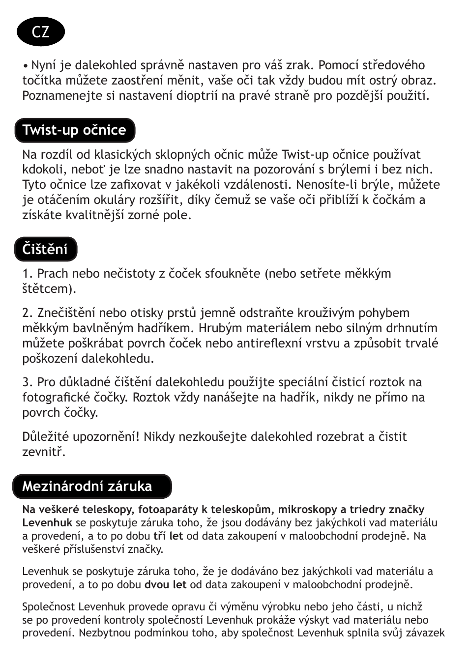 Twist-up očnice, Čištění, Mezinárodní záruka | Levenhuk Vegas 15x56 Binoculars User Manual | Page 8 / 28