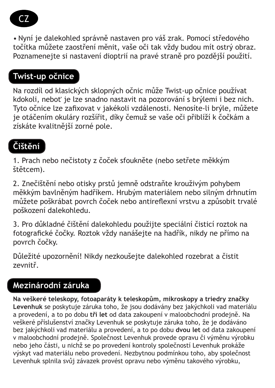 Twist-up očnice, Čištění, Mezinárodní záruka | Levenhuk Monaco 15x56 Binoculars User Manual | Page 8 / 28