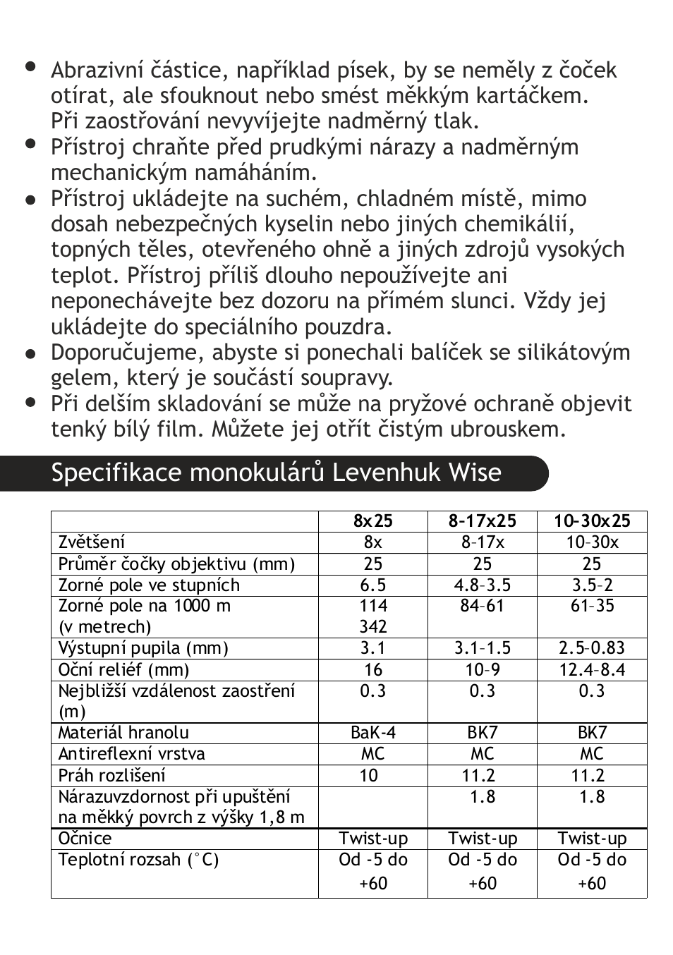 Specifikace monokulárů levenhuk wise | Levenhuk Wise 10-30x25 Monocular User Manual | Page 11 / 40