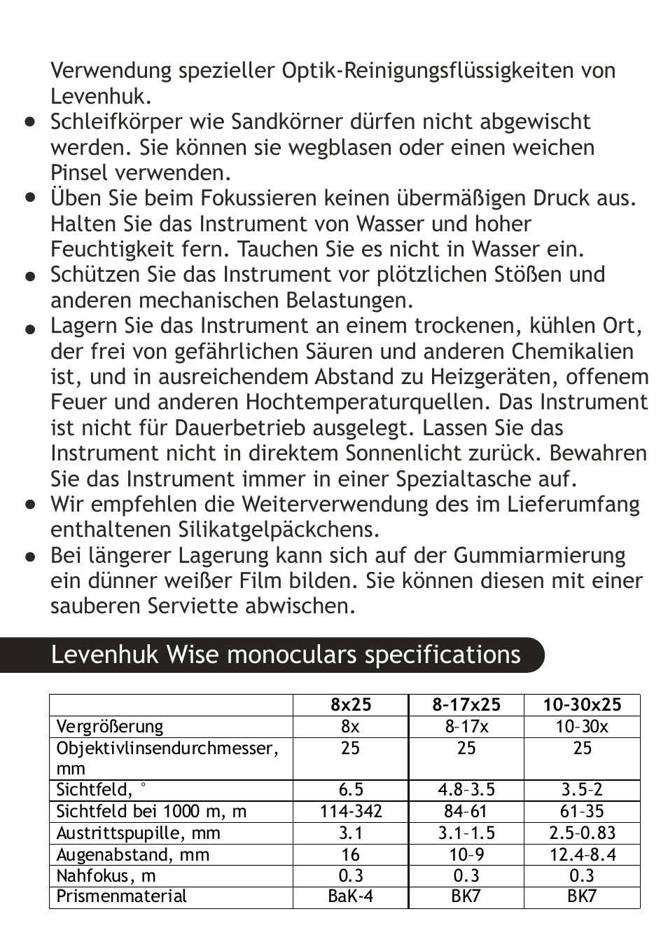 Levenhuk wise monoculars specifications | Levenhuk Wise 10-30x25 Monocular User Manual | Page 17 / 40